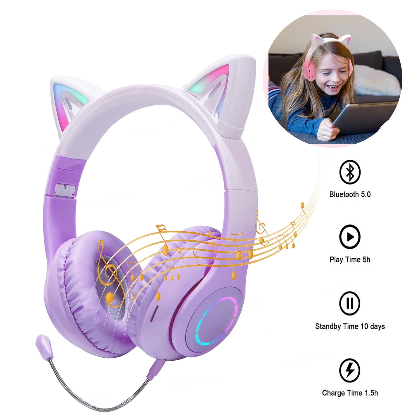 Yuehuam Cat Ear Headphones, Kids Bluetooth Headphone with Microphone, Foldable Comfortable and Adjustable Wireless/Wire Over Ear Headset for Girls Teenagers and Adults, Purple