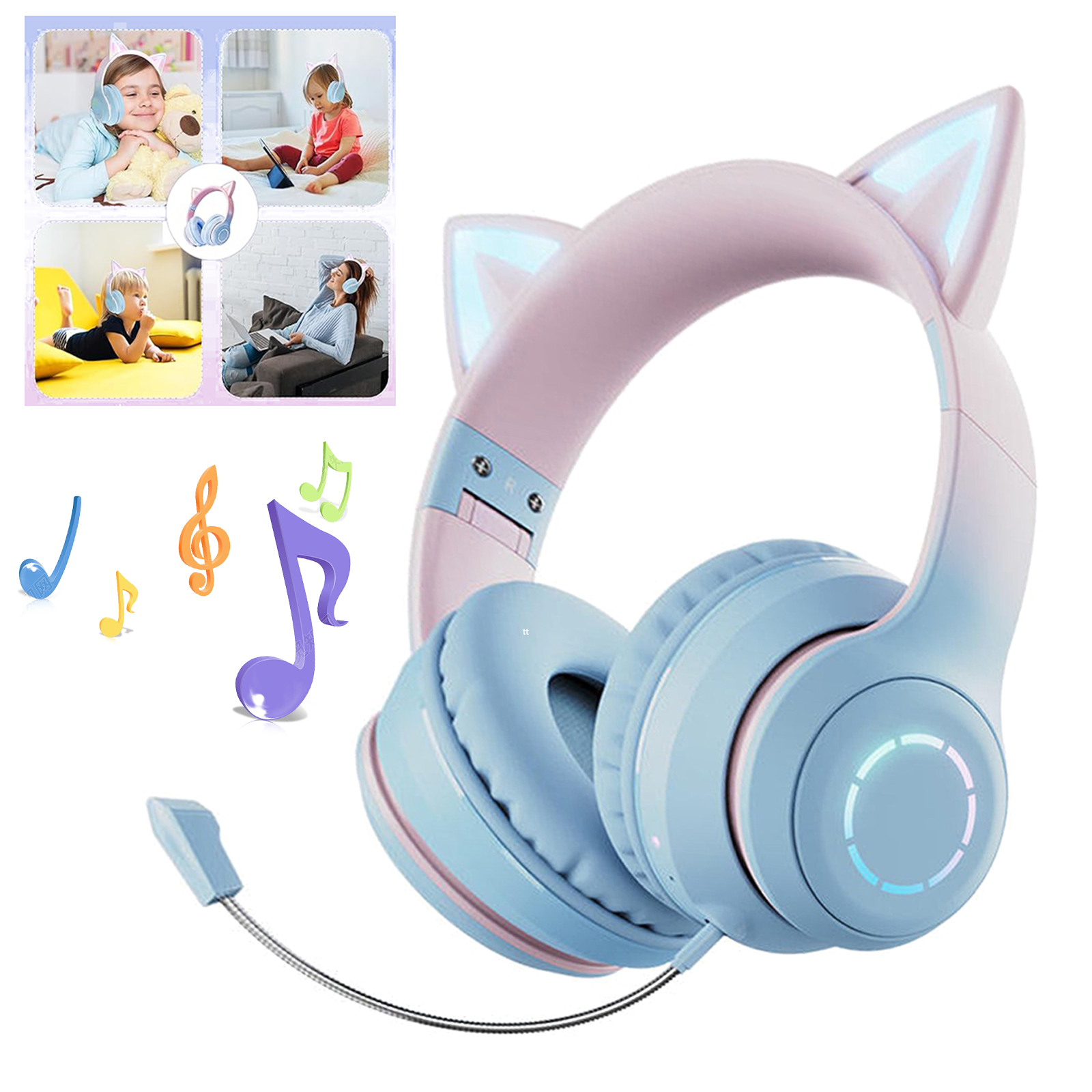 Yuehuam Cat Ear Kids Bluetooth Headphones, Foldable Wired Gaming Headset with Microphone & 3.5mm Jack, Wireless Earphones for Tablet/PC, Adjustable Headband Adult Teens Toddlers, Blue