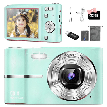 Yuehuam Digital Camera, 1080P 50MP Autofocus Point 16X Digital Zoom Compact Camera with 32GB TF Card for Teens Adult Beginner, Green