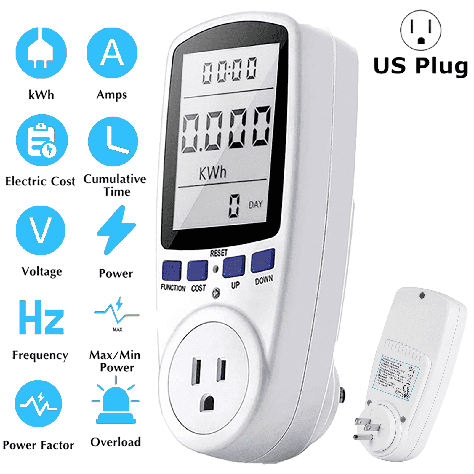 Yuehuam Electricity Usage Monitor Plug Power Watt Voltage Amps Meter with Digital LCD, Overload Protection and 7 Display Modes for Energy Saving, White