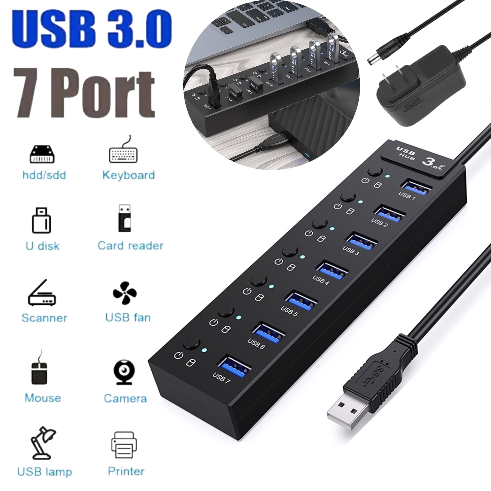 Yuehuam 7-Port Powered USB Hub, Multi Port USB 3.0 Splitter with Individual ON/OFF Switches, 5V/2A Power Adapter Charging USB Extension Multiple for PC, Laptop