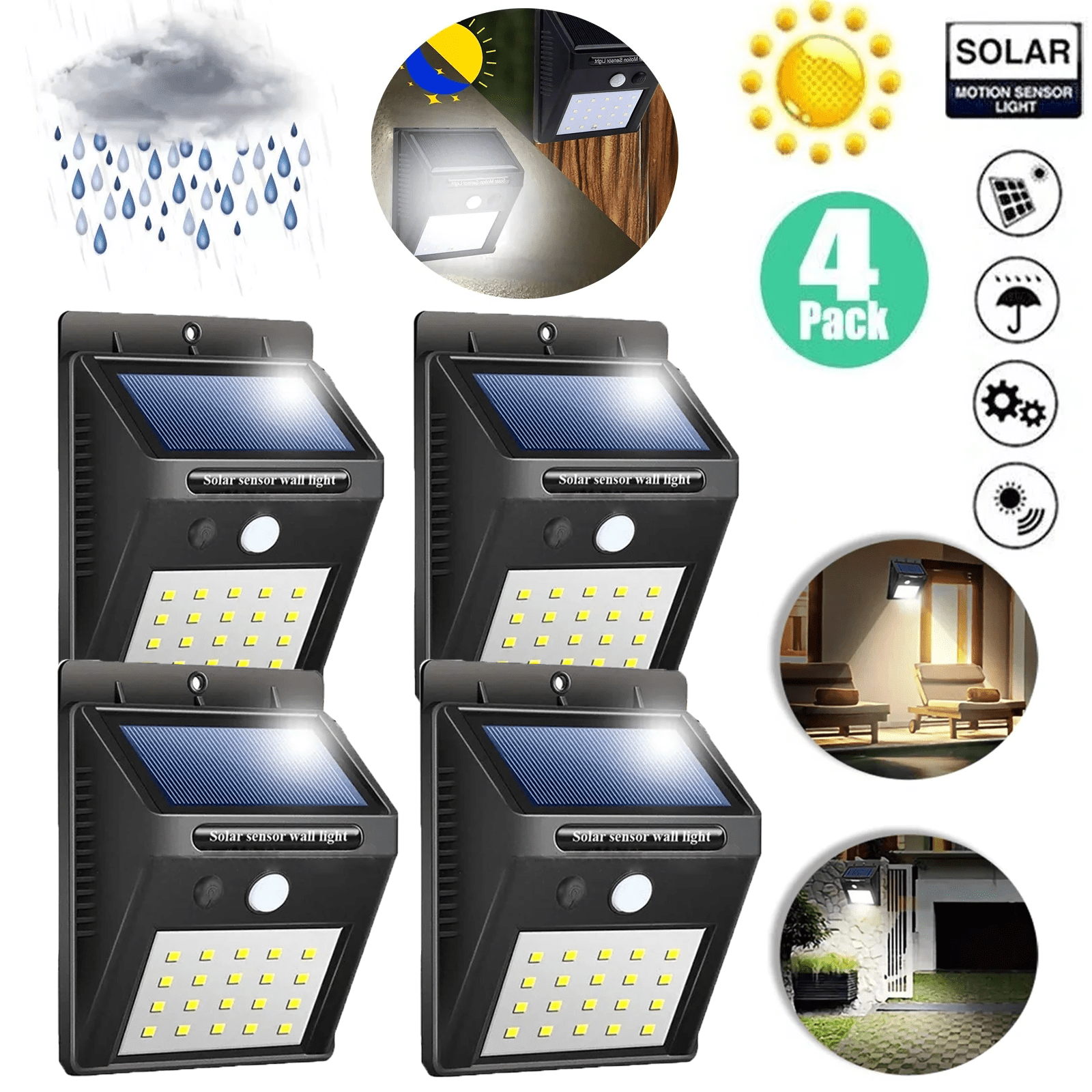 Yuehuam 4 Pack LED Solar Motion Sensor Lights, Wireless Outdoor Wall Lamp, Waterproof Security Wall Mount Lights for Fence, Garden, Yard, Deck