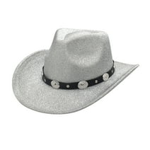 Yuelianxi Western Cowboy Hat and Cowgirl Hat Pinch Front Wide Brim with Buckle Belt Bowler Hat Silver