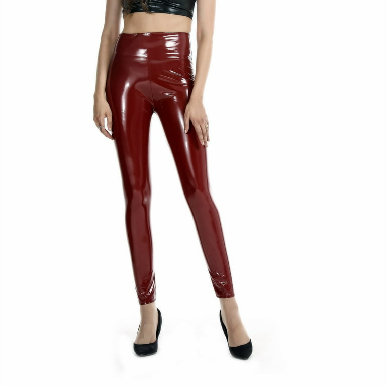 Yuelianxi Women's Latex Coated Mirror High Elastic Leggings Fashion High  Waisted Latex Bright Leather Pants 