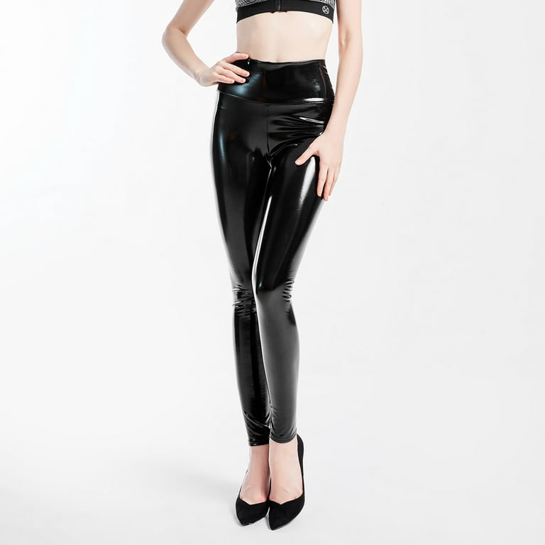 Yuelianxi Women's Latex Coated Mirror High Elastic Leggings Fashion High  Waisted Latex Bright Leather Pants 