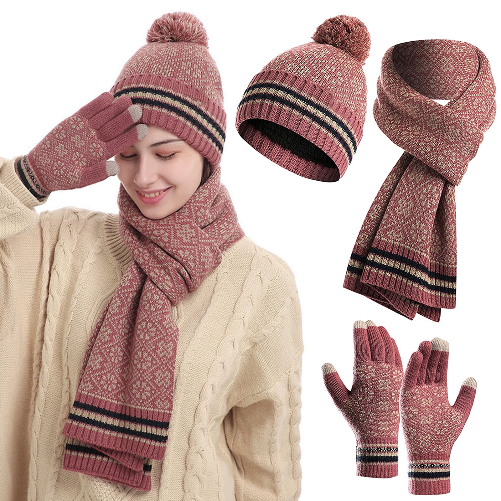 Women\'s Snowflake Print Beanie Hat Scarf Touch Screen Gloves Set with Pom Winter Hat Scarf and Gloves Set-pom Pom Beanie Infinity  main image 2