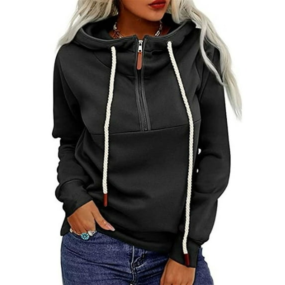 Yuemengxuan Female Comfortable Solid Color Long Sleeve Hooded Pullover Blouse with Zipper