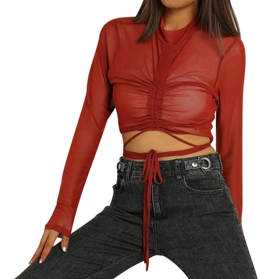 Yuemengxuan Female Fashionable Solid Color Mock Neck Long Sleeve Crop Tops See-Through Blouse