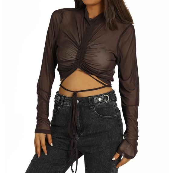 Yuemengxuan Female Fashionable Solid Color Mock Neck Long Sleeve Crop Tops See-Through Blouse