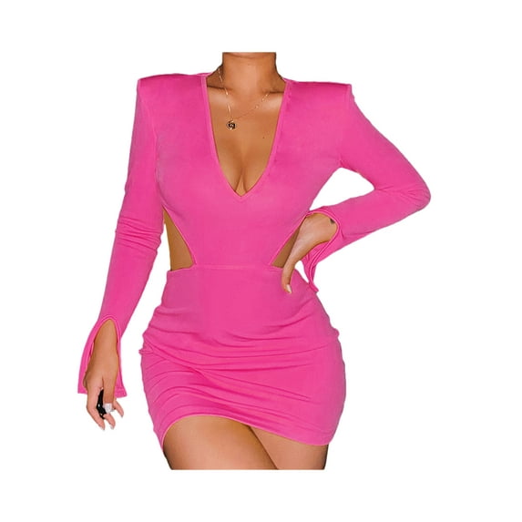 Yuemengxuan Female Hollow Out Dress, Solid Color Trendy Deep V-Neck Long Sleeve One-Piece