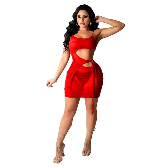 Yuemengxuan Female Solid Color Fashionable U-Neck Sleeveless One-Piece See-Through Sundress
