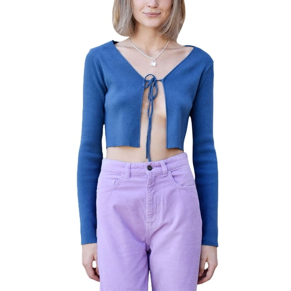 Yuemengxuan Female Stylish Solid Color V-Neck Long Sleeve Strappy Tops Knitted Shirt