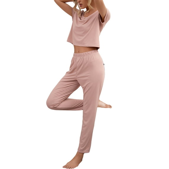 Yuemengxuan Lady Home Wear Warm Soft Suit, Solid Color Short Sleeve T-shirt, Loose Trousers