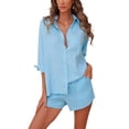 thumbnail image 1 of Yuemengxuan Woman Solid Color Turn-Down Collar Long Sleeve Shirt+ Shorts with Pockets, 1 of 8