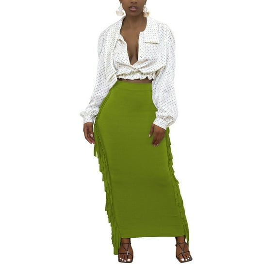 Yuemengxuan Women Bottom Skirt, High-Quality Solid Color High-Waist Semi-Dress with Tassels