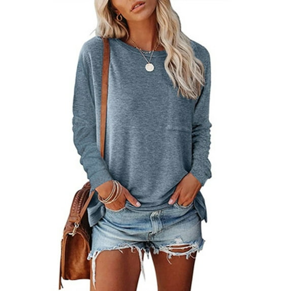 Yuemengxuan Women Casual Solid Color Stylish Long Sleeve Round Neck T-shirt with Pocket