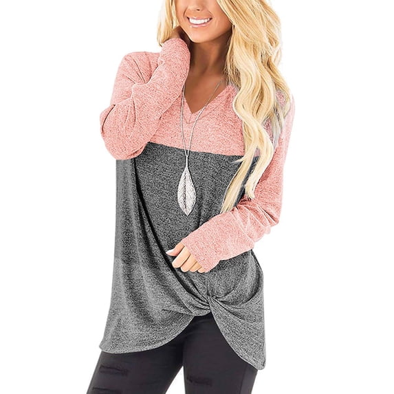 Yuemengxuan Women Color Block Twist Knot T-shirt Casual Long Sleeve Casual V-neck Tops