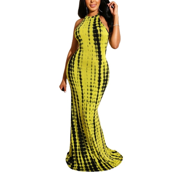 Yuemengxuan Women Elegant Dress, Tie-dyed Printed Pattern Sleeveless Hollow Out One-piece
