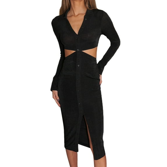 Yuemengxuan Women Fashionable Hollow Out Dress, Turn-down Collar Long Sleeve One-piece