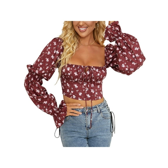 Yuemengxuan Women Fashionable Pullover, Floral Printed Pattern Flared Sleeves Crop Tops