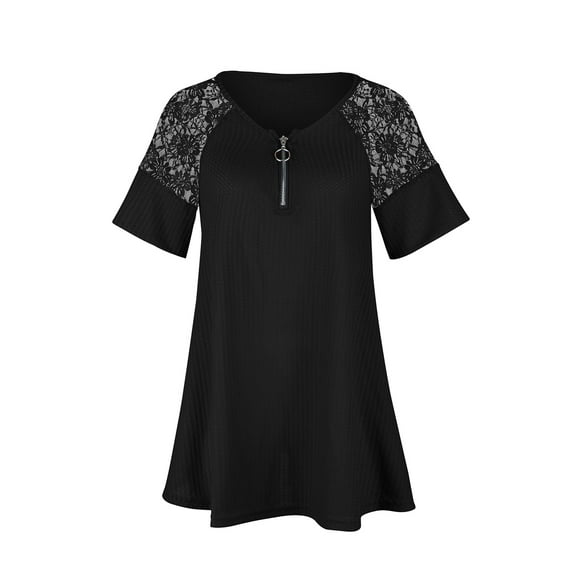 Yuemengxuan Women Floral Embroidery T-shirt, Irregular Hem Lace Sleeve V-neck Pullover