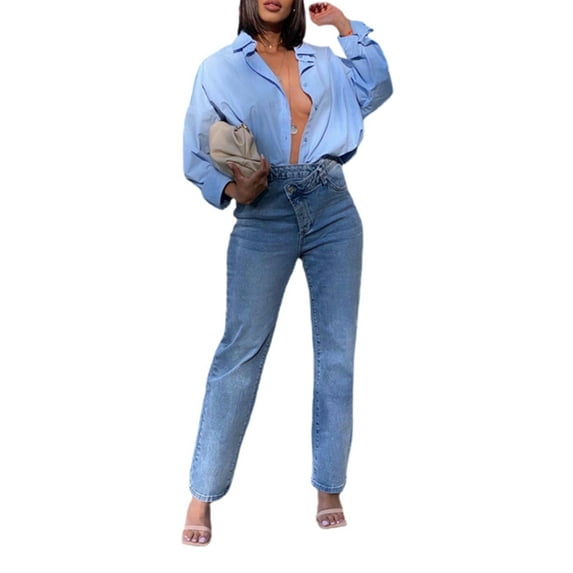 Yuemengxuan Women Irregular Button-down Solid Color Long Sleeve Turn-down Collar Shirt