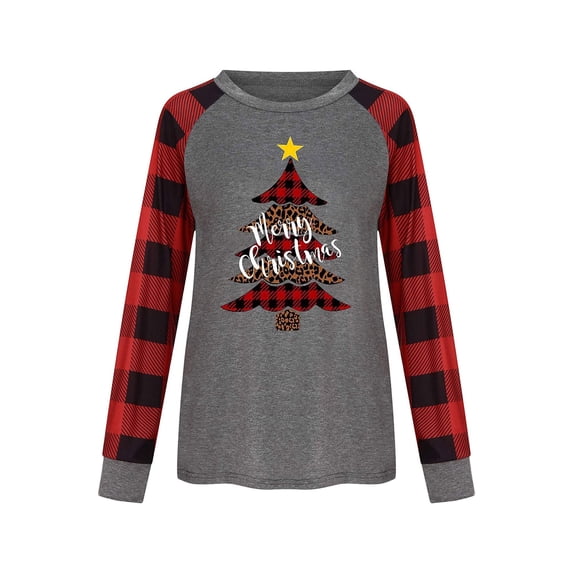 Yuemengxuan Women Stylish Christmas Printed T-shirt, Long Sleeve Round Neck Patchwork Pullover Tops