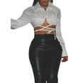 thumbnail image 1 of Yuemengxuan Women Summer Crop Tops, Solid Color Stand Neck Long Sleeve Strappy Shirt, 1 of 9