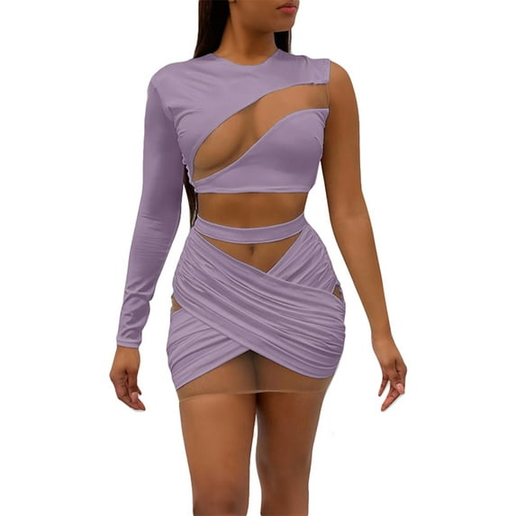 Yuemengxuan Women Summer Outfit, Mesh Splicing One-Shoulder Long Sleeves Crop Tops + Slim Skirt
