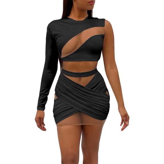 Yuemengxuan Women Summer Outfit, Mesh Splicing One-Shoulder Long Sleeves Crop Tops + Slim Skirt
