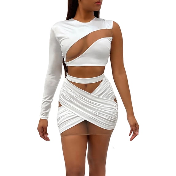 Yuemengxuan Women Summer Outfit, Mesh Splicing One-Shoulder Long Sleeves Crop Tops + Slim Skirt