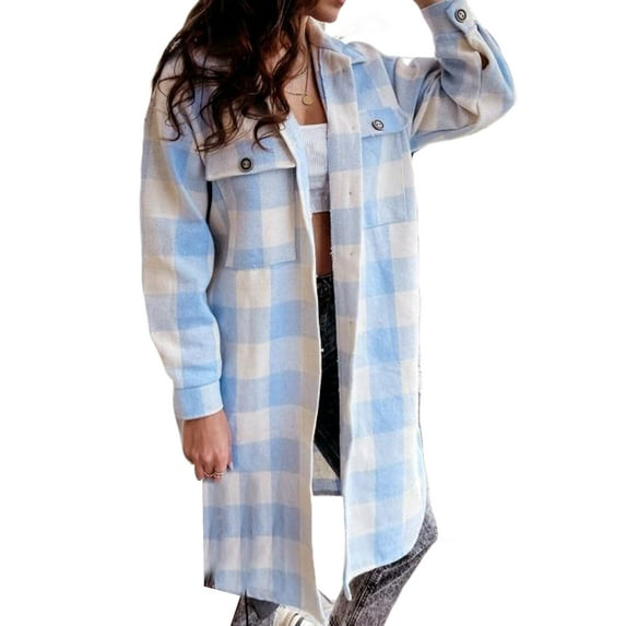 Yuemengxuan Women's Fashion Mid-Length Plaid Shirt-Style Plus Size Coat Outerwear