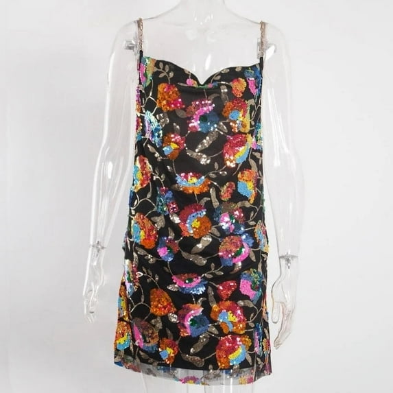 Yuemengxuan Women’s Fashion Sequined V-neck Backless Chain Suspender A-line Short Dress