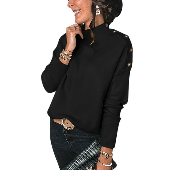 Yuemengxuan Women’s Fashion Solid Color Half High Collar Button Long Sleeve Sweatshirt