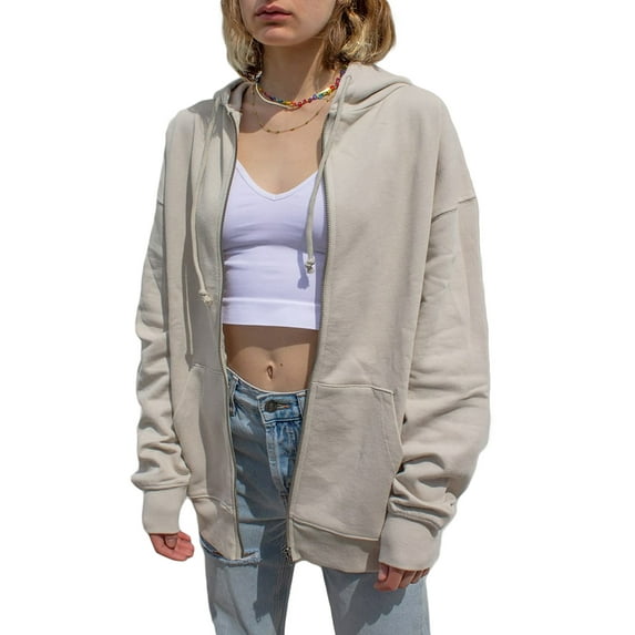 Yuemengxuan Women's Fashionable Long Sleeve Solid Color Drawstring Loose Zip Up Hoodies