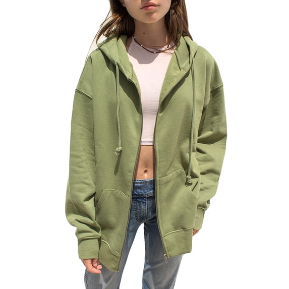 Yuemengxuan Women's Fashionable Long Sleeve Solid Color Drawstring Loose Zip Up Hoodies