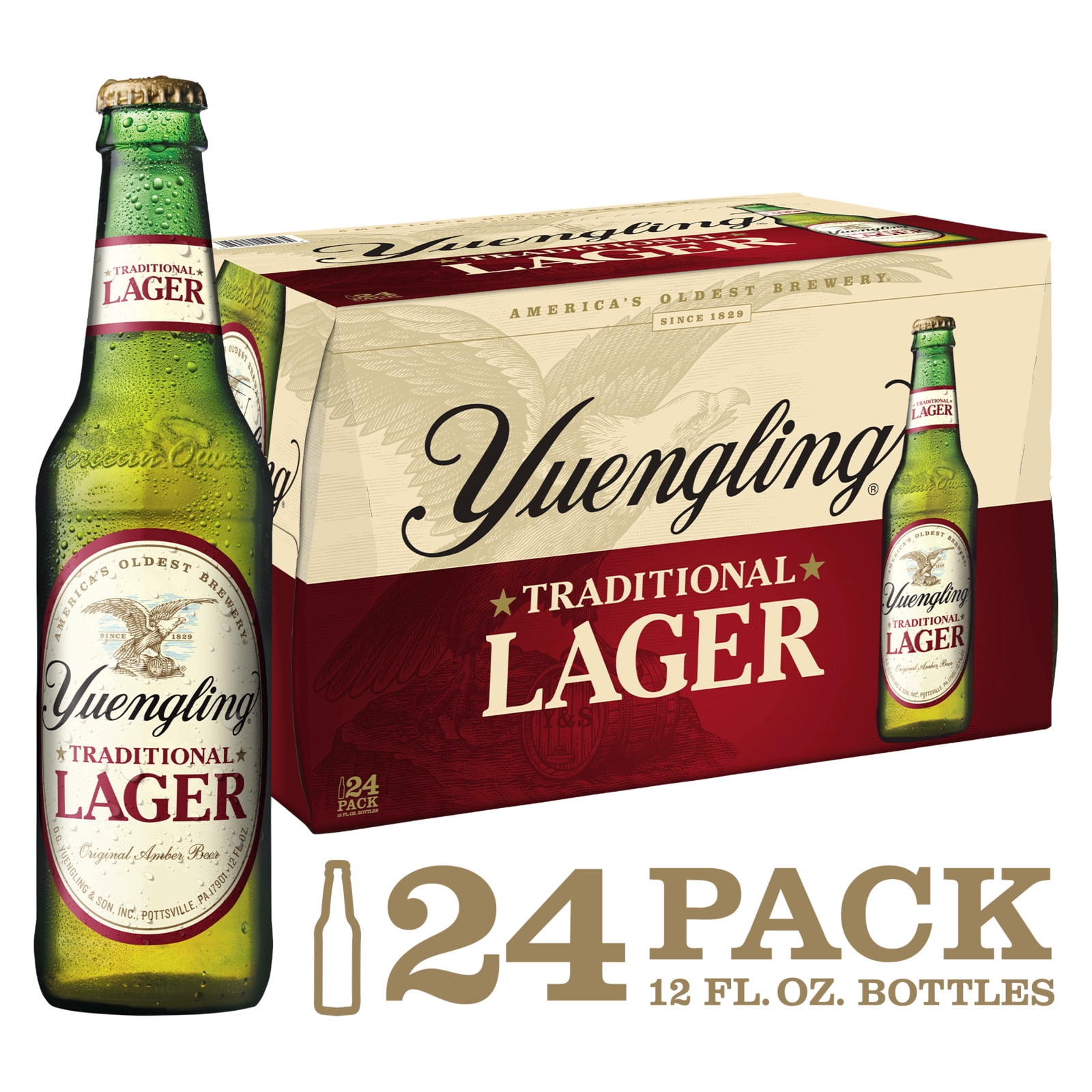 Yuengling Lager Beer, 24 Pack Beer, 12 fl oz Glass Bottles, 4.5% ABV, Domestic Lager
