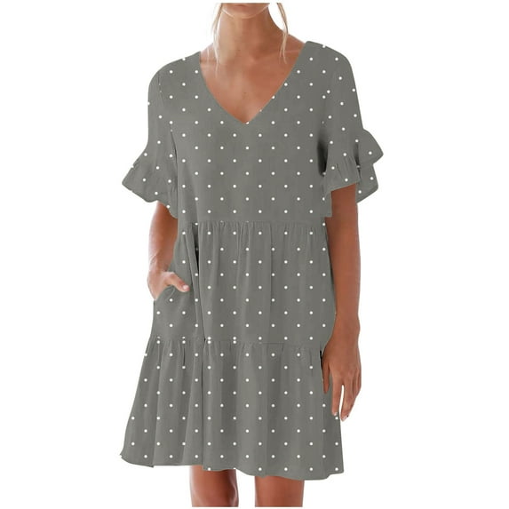Yueyer Women's Fashion Sundress Summer Polka Dots Printed Ruffle Sleeve Loose Hem A-line Cute Mini Dresse