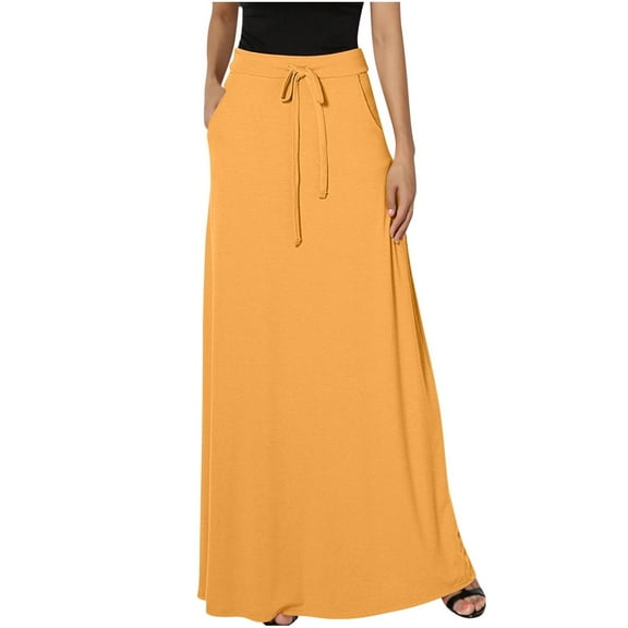 Yueyer Womens Elastic Waisted Maxi Skirts Trendy Strench Drawstring Pockets A-line Knee Skirt