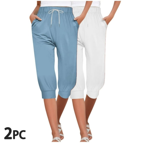 Yufatyle 2 Pack Capri Sweatpants for Women Casual Elastic Drawstring Waist Loose Pants with Pockets Solid Color Capris, Blue + White S