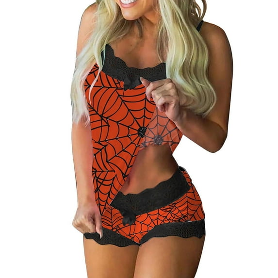 SwiftWear 2 Piece Womens Halloween Pajamas Set Comfy Lace Patchwork Cami Top and Shorts Soft Loungewear Cute Sleepwear L