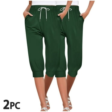 SwiftWear 2PC Capri Pants for Women, Women's Casual Elastic Drawstring Waist Loose Pants with Pocket Sports Capris, Army Green S