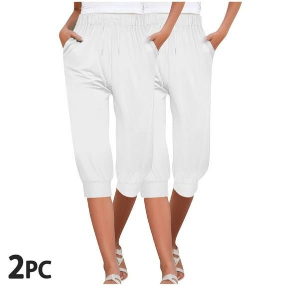SwiftWear 2PC Capri Pants for Women, Women's Casual Elastic Drawstring Waist Loose Pants with Pocket Sports Capris, White XXL