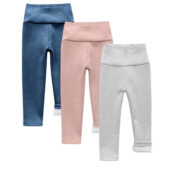SwiftWear 3 Pack Fleece Lined Leggings for Girls Toddler Tights Winter Thermal Casual Pants for Kids 2-9Y, Blue Pink Gray