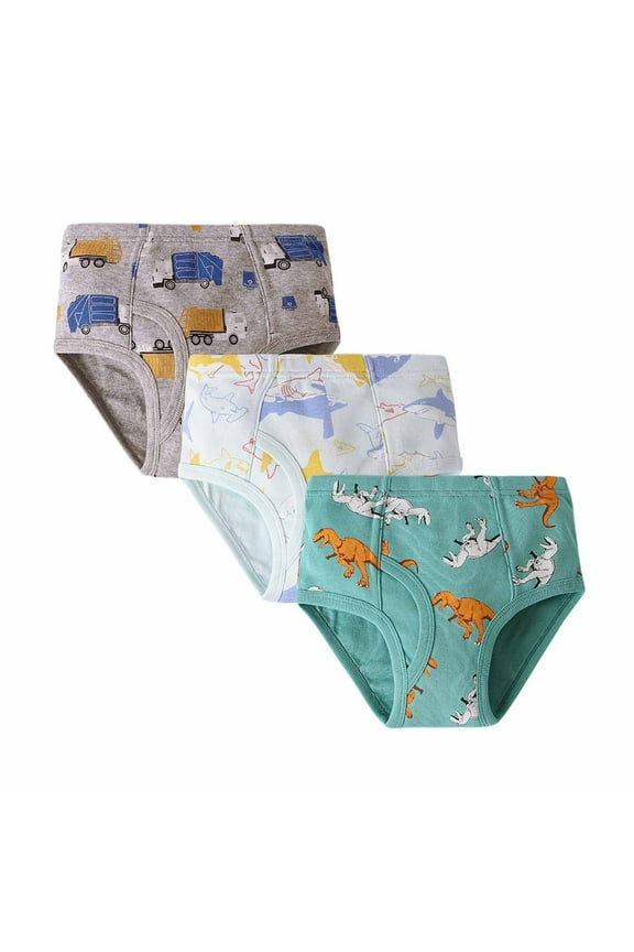 3PC Boys Cotton Underwear, Toddler Cartoon Patterned Briefs Children Car Shark Dinosaur Panties, Size 3T-11T