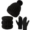 thumbnail image 1 of SwiftWear 3Pcs Winter Hat Scarf Gloves Set Beanie Pompom Hat Warm Textured Touch Screen Gloves Neck Scarf Gifts Set for Women Black, 1 of 3
