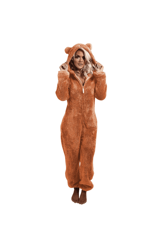 SwiftWear Adult Onesie Pajamas Furry Fleece PJs Flannel One Piece Jumpsuit Zipper Hooded Sleepwear Loungewear for Women Brown S