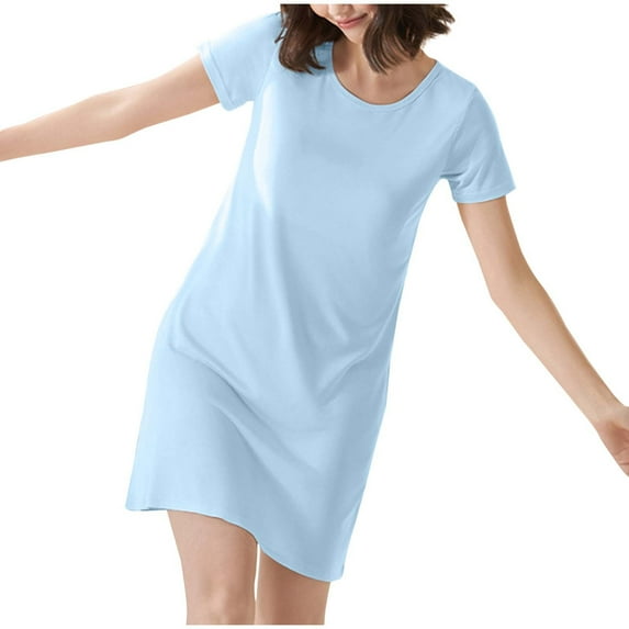 SwiftWear Basic Sleepshirts for Women Soft Short Sleeve Nightgowns Padded Sleepwear T-Shirt Dress with Pockets Light Blue