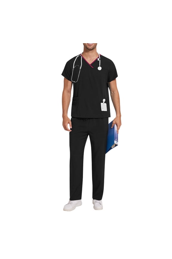 Black Scrub Set for Men, Cross V-Neck Scrub Top & Drawstring Cargo Scrub Pants, Stretchy Comfy Work Uniform M