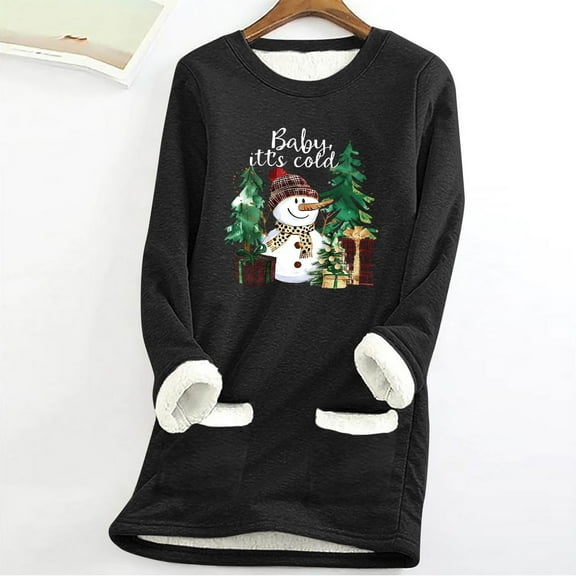 SwiftWear Black Sweatshirts for Women Warm Lined Fleece Pullover Xmas Print Crewneck Tops Soft Loungewear with Pockets XL